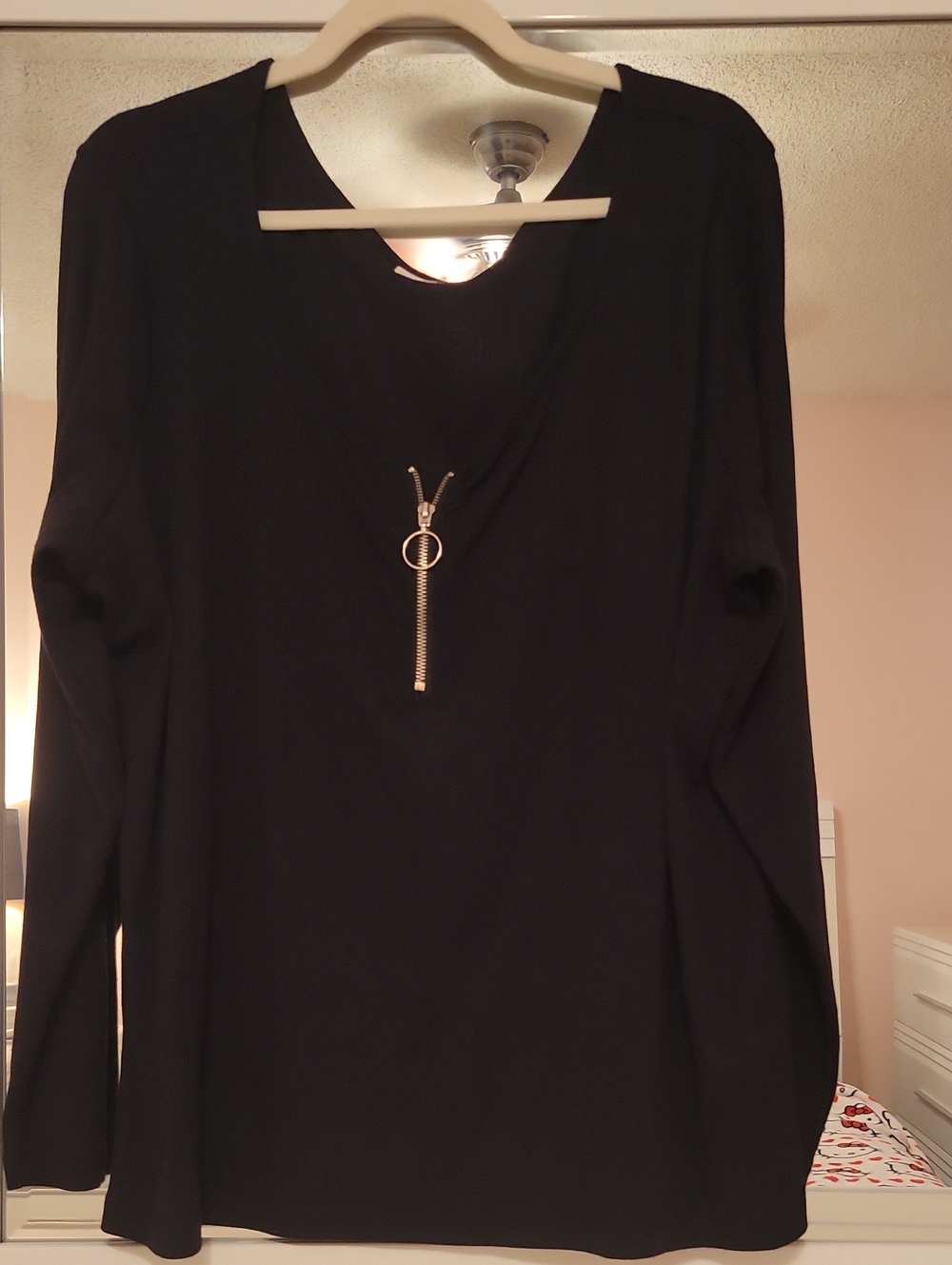 Black Long Sleeve V-Neck Top with Silver Ring Zip